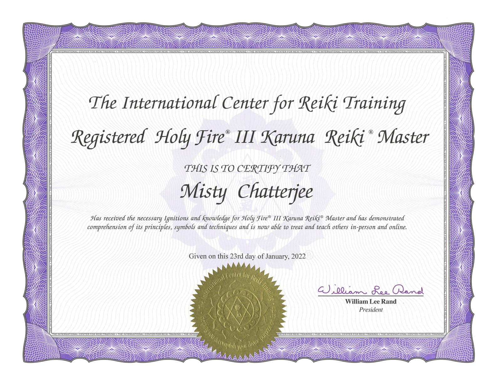 Karuna Reiki Master certificate