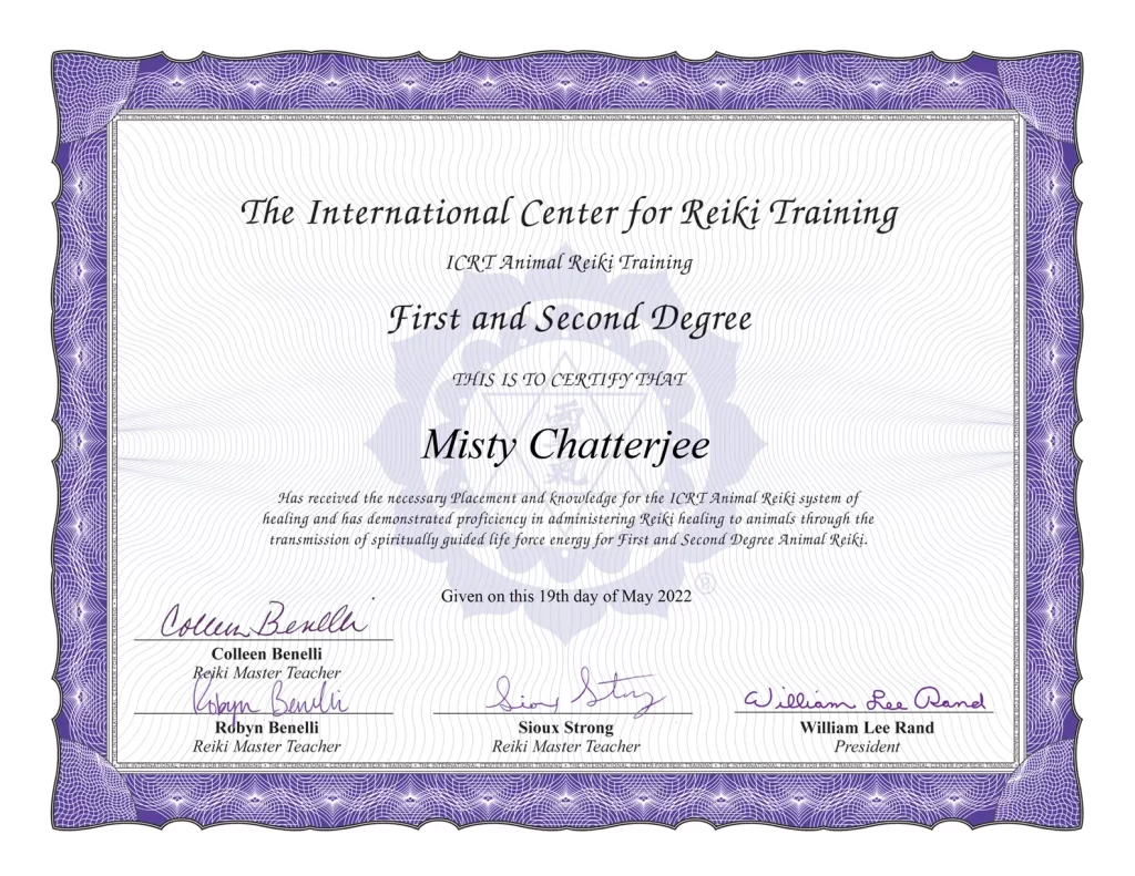 Animal Reiki 1 and 2 certificate